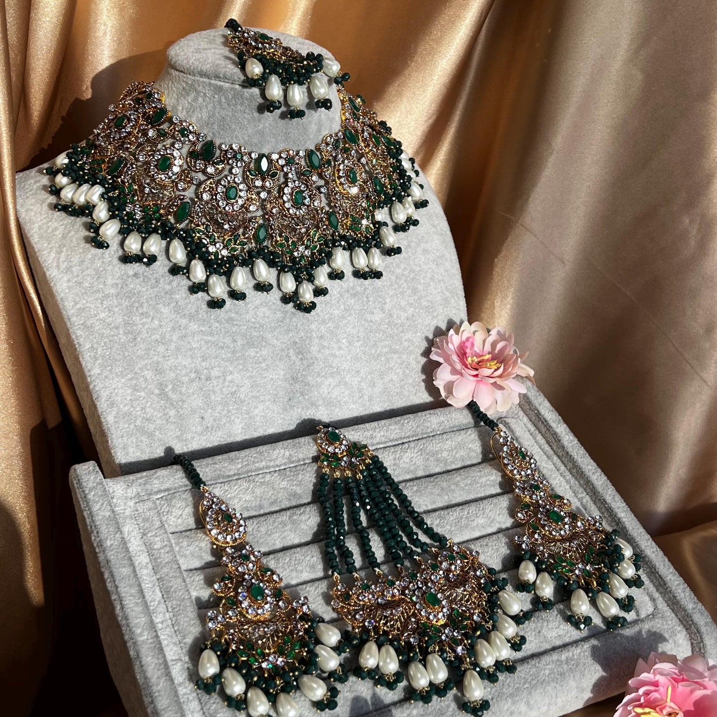 Green Bridal Necklace set Bollywood Indian Pakistani New Style High Quality Wedding Fashion Jewellery Necklace set with Jhumar