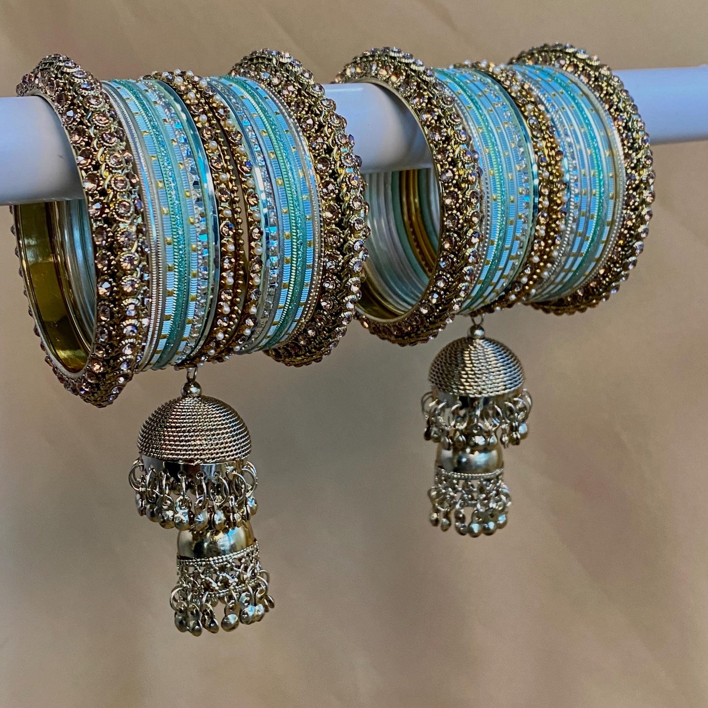 Midi Mint & Golden Bangle Set Both Arms - 2.6  - Slightly Imperfect Jhumkas/Jhumka Bangles