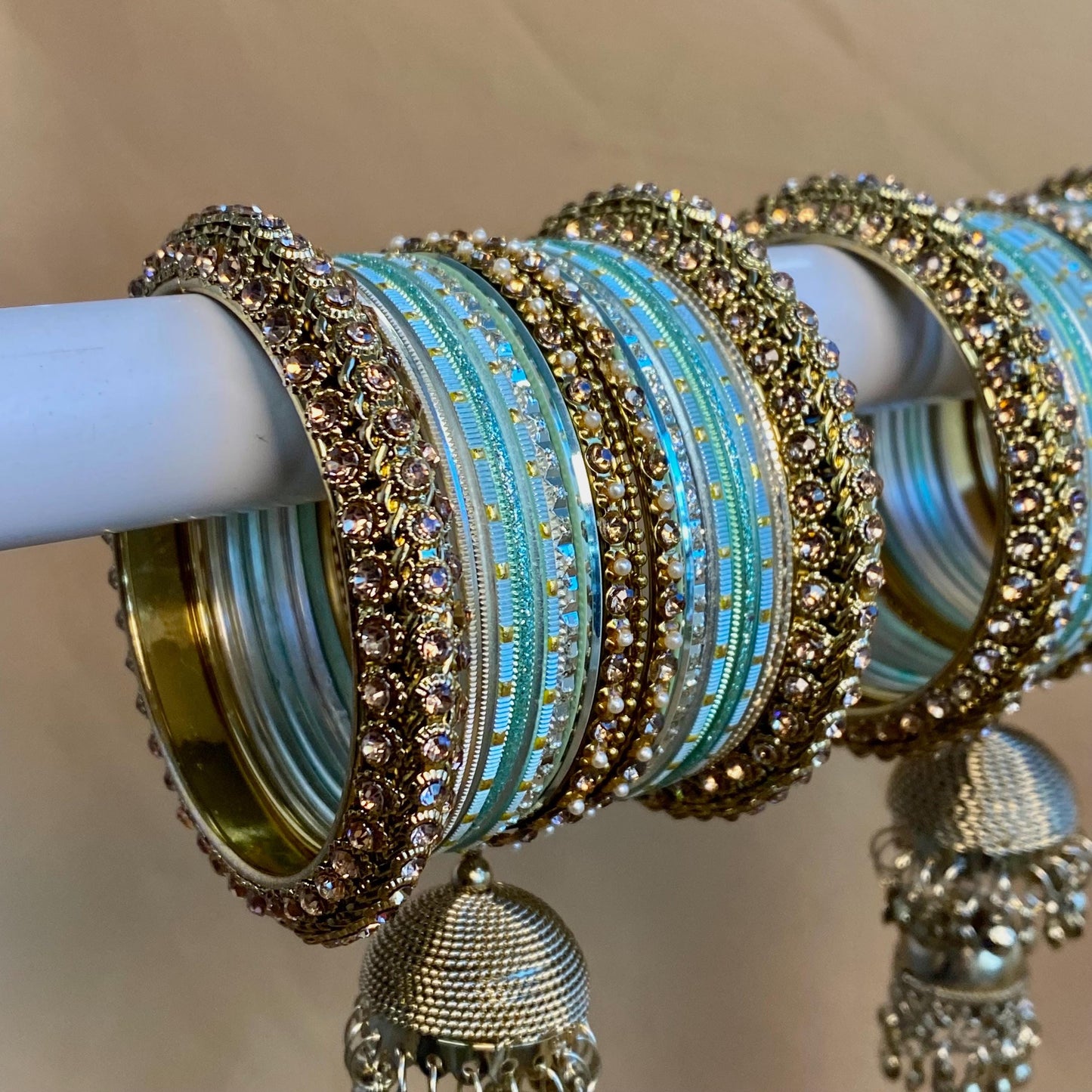 Midi Mint & Golden Bangle Set Both Arms - 2.6  - Slightly Imperfect Jhumkas/Jhumka Bangles