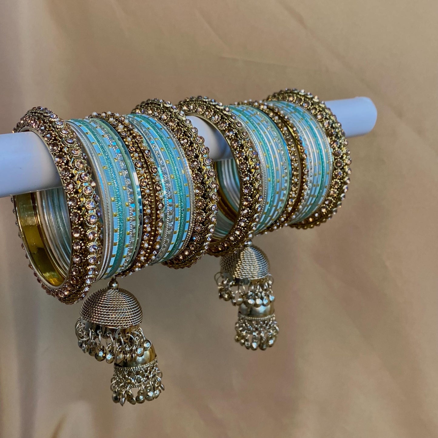 Midi Mint & Golden Bangle Set Both Arms - 2.6  - Slightly Imperfect Jhumkas/Jhumka Bangles