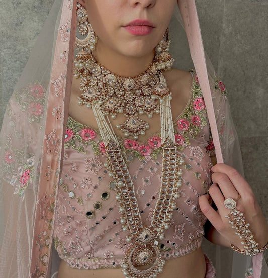 Rose Gold/Peach Full Faux Kundan Style Bridal Set/Indian/Pakistani Style/ Choker/ Earring/ Tikka/ Jhumar Passa/ Mathapatti/ Hand Harness.