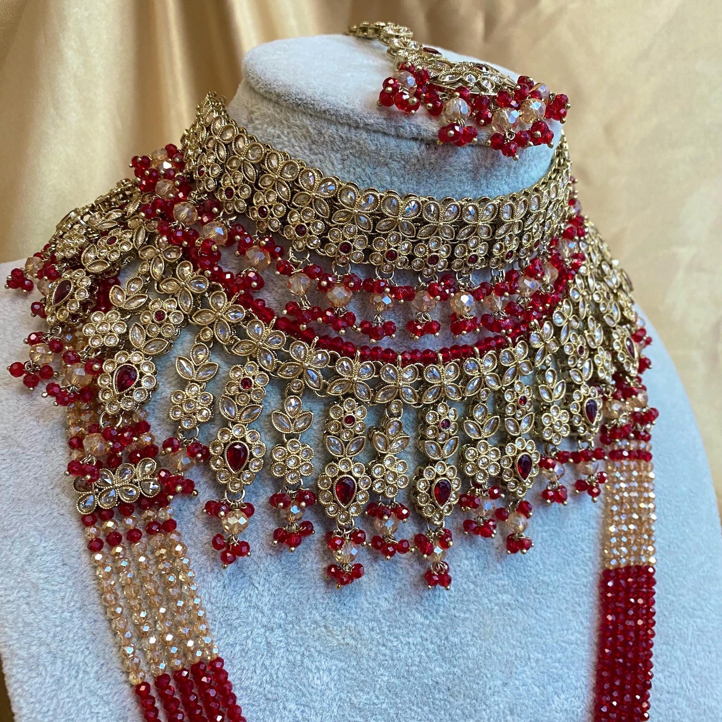 Red 10 Piece Antique Gold Champagne Bridal Choker Necklace Mala Tikka Earring Mathapatti Jhumar Hand Harness Indian Pakistani Full Set SALE