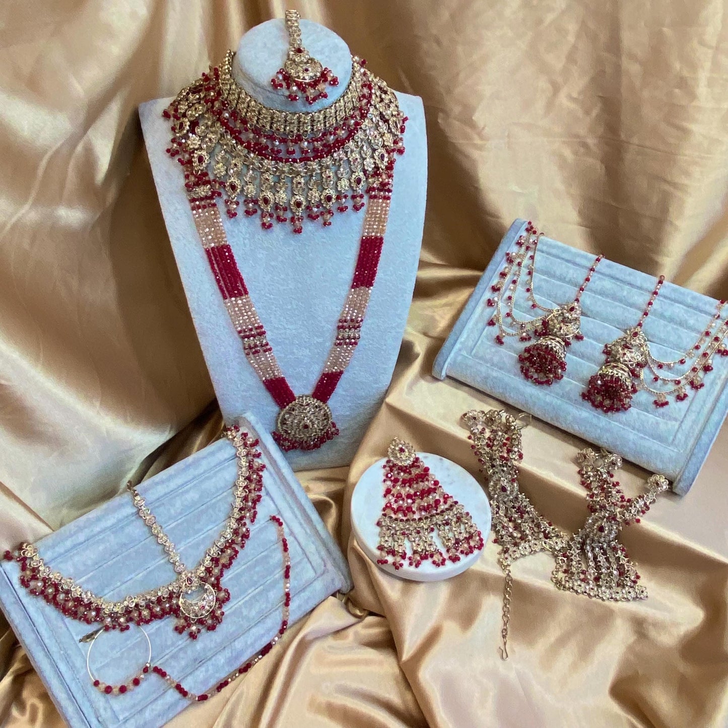 Red 10 Piece Antique Gold Champagne Bridal Choker Necklace Mala Tikka Earring Mathapatti Jhumar Hand Harness Indian Pakistani Full Set SALE