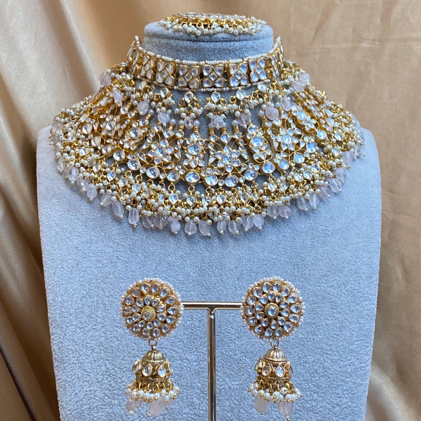 Pink Quatz Gold Plated Kundan! Choker Necklace Jhumka Earring Large Tikka High Quality Clear Set Indian Pakistani Luxury Bridal Set 4 piece