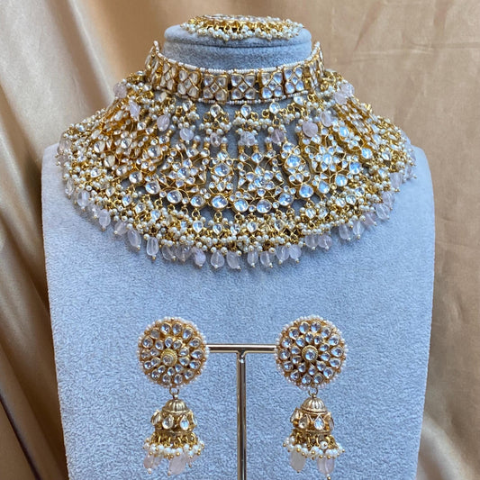 Pink Quatz Gold Plated Kundan! Choker Necklace Jhumka Earring Large Tikka High Quality Clear Set Indian Pakistani Luxury Bridal Set 4 piece