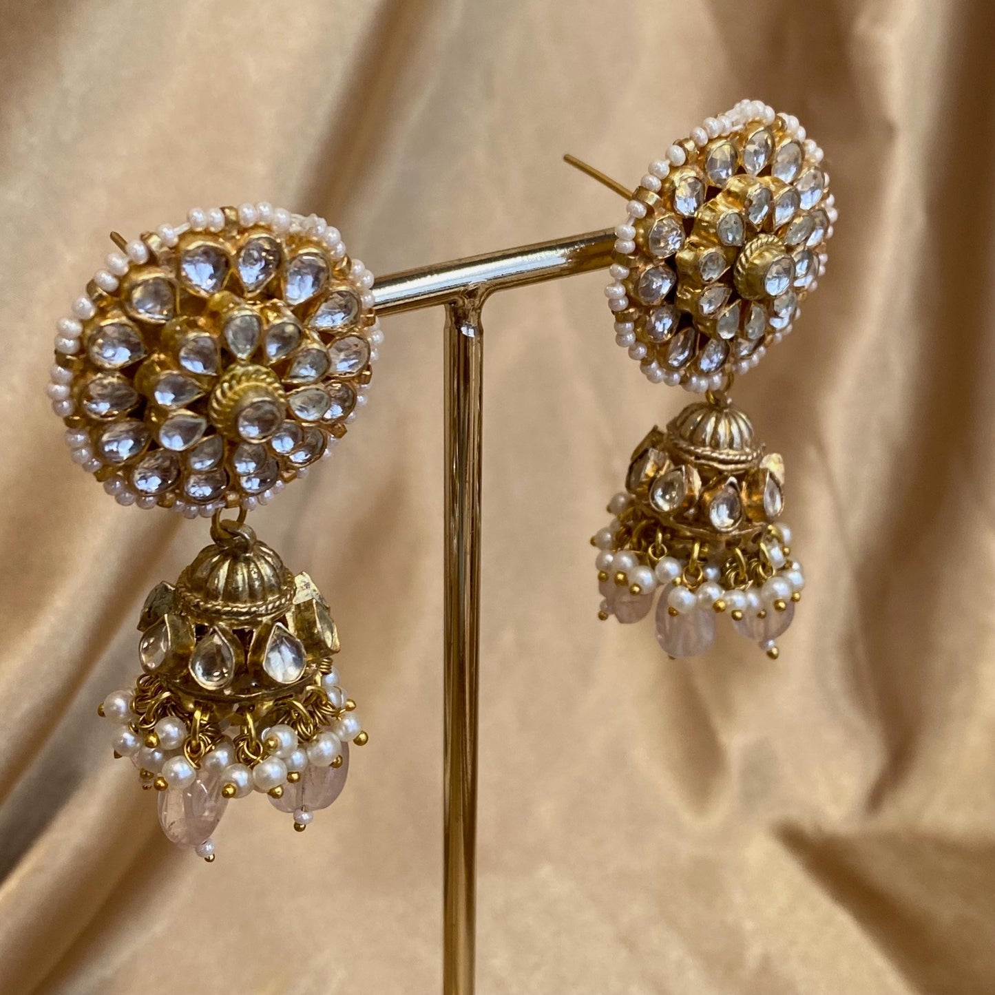 Pink Quatz Gold Plated Kundan! Choker Necklace Jhumka Earring Large Tikka High Quality Clear Set Indian Pakistani Luxury Bridal Set 4 piece