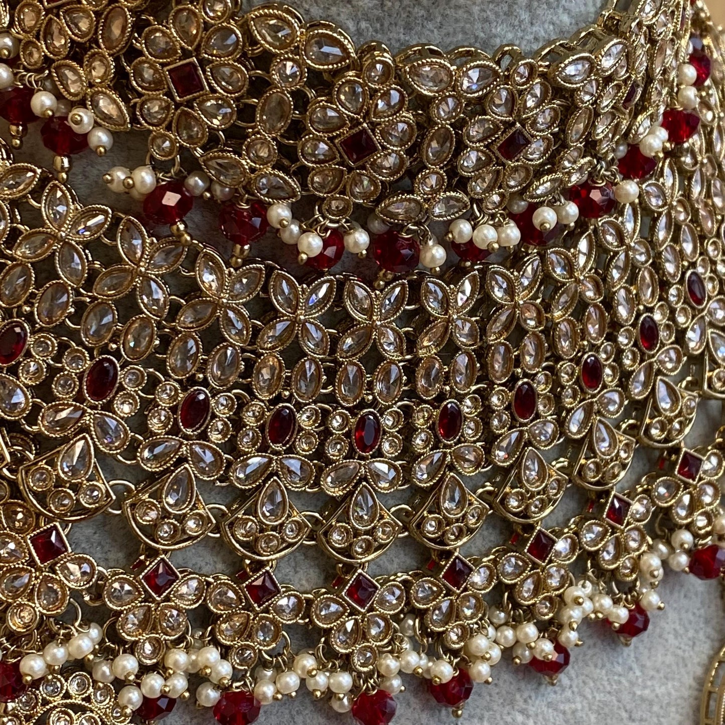 Maroon 9Piece Antique Gold Champagne Bridal Choker Necklace Mala Tikka Earring Mathapatti Jhumar Hand Harness Indian Pakistani Full Set SALE