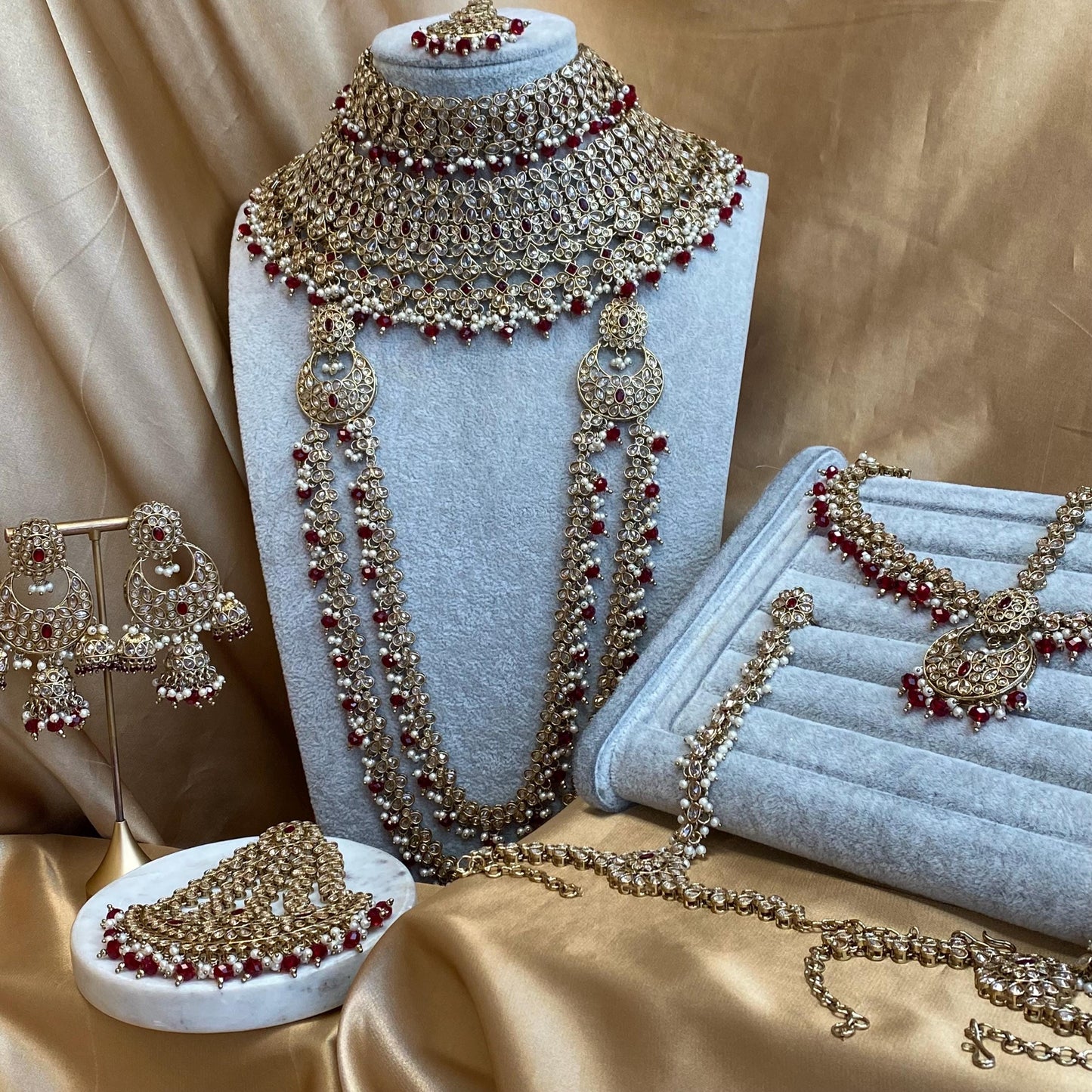 Maroon 9Piece Antique Gold Champagne Bridal Choker Necklace Mala Tikka Earring Mathapatti Jhumar Hand Harness Indian Pakistani Full Set SALE