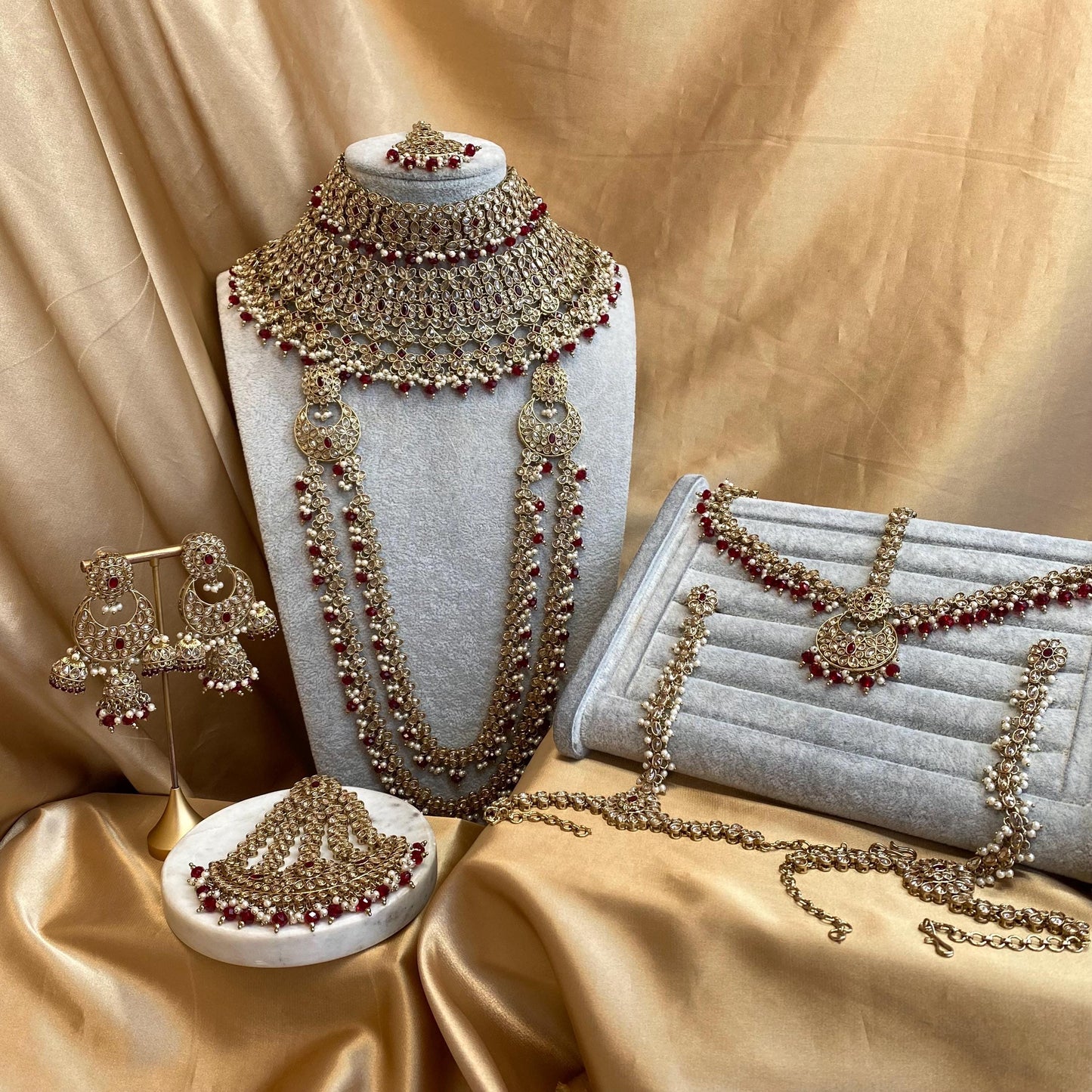Maroon 9Piece Antique Gold Champagne Bridal Choker Necklace Mala Tikka Earring Mathapatti Jhumar Hand Harness Indian Pakistani Full Set SALE