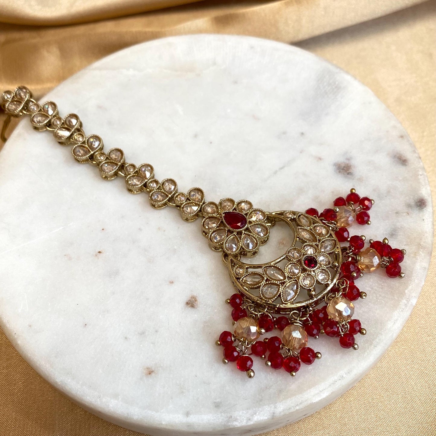 Red Antique Gold Champagne Tikka Hair Accessory Tikli Bridal Wedding Jewellery Indian Pakistani Bollywood SALE