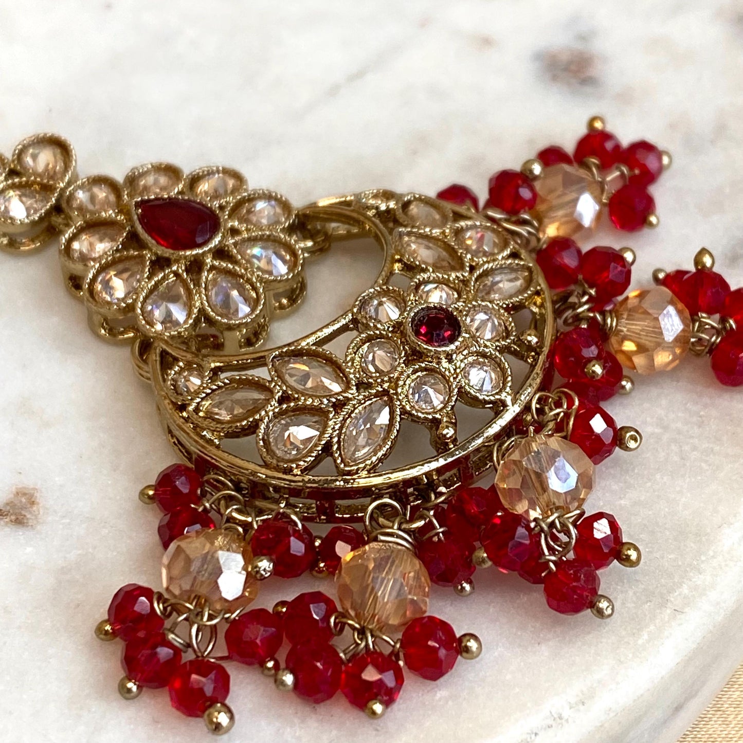Red Antique Gold Champagne Tikka Hair Accessory Tikli Bridal Wedding Jewellery Indian Pakistani Bollywood SALE