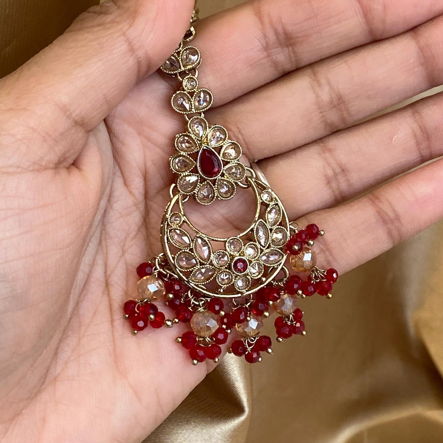 Red Antique Gold Champagne Tikka Hair Accessory Tikli Bridal Wedding Jewellery Indian Pakistani Bollywood SALE