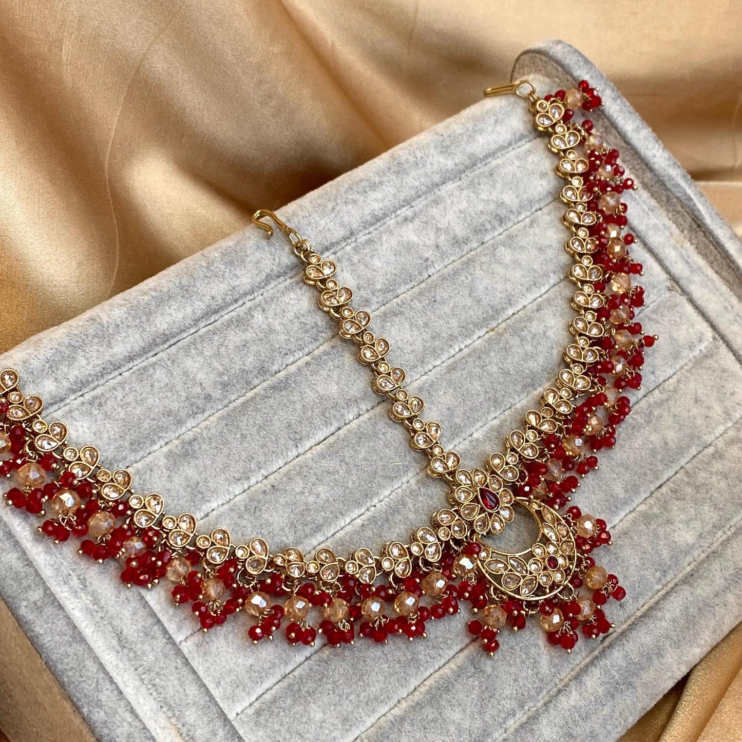 Red Antique Gold Champagne Mathapatti Headband Hair Accessory Bridal Wedding Jewellery Indian Pakistani Bollywood SALE