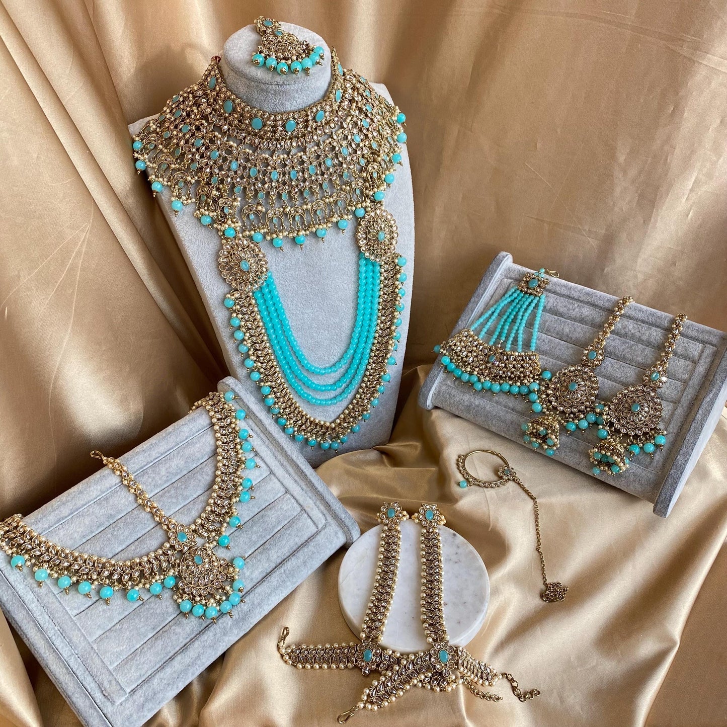 Blue 9Piece Antique Gold Champagne Bridal Large Choker Mala Tikka Earring Mathapatti Jhumar Hand Harness Nose Ring Indian Pakistani Full Set