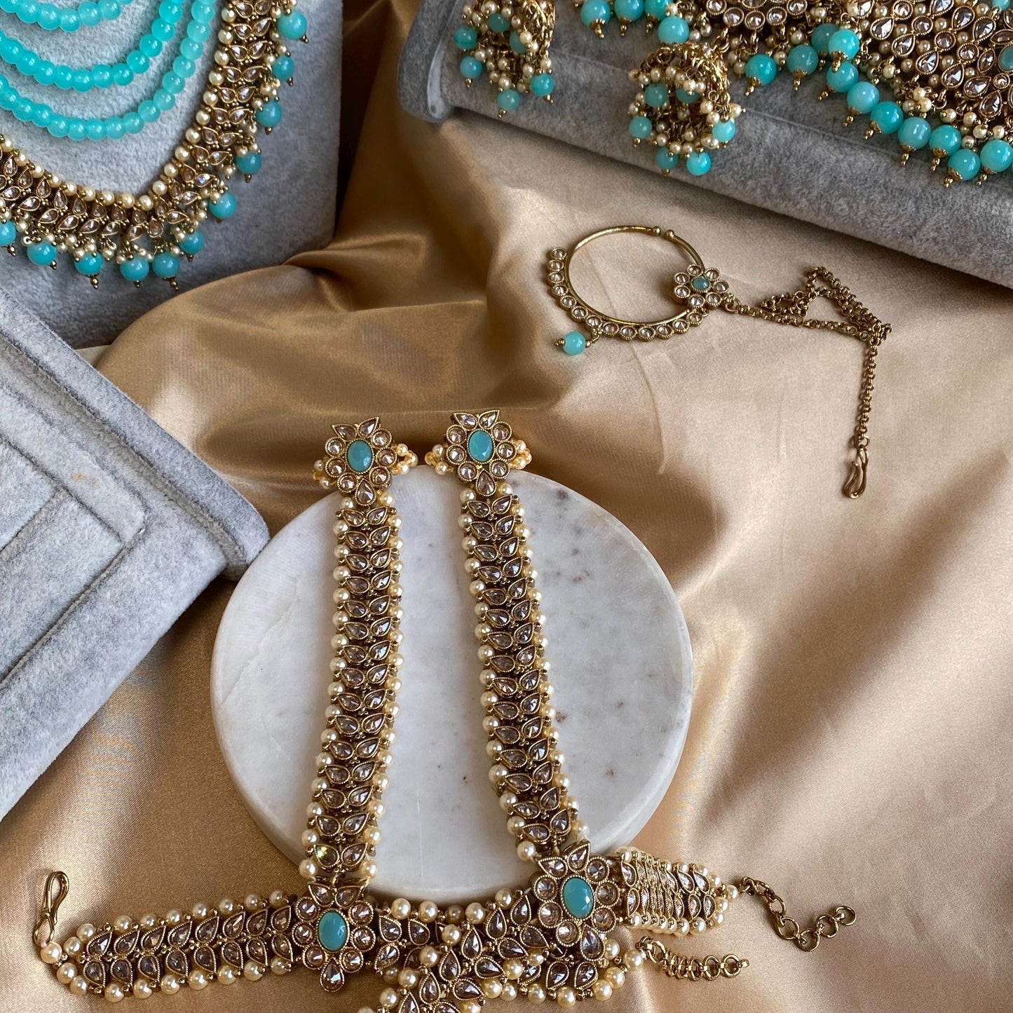 Blue 9Piece Antique Gold Champagne Bridal Large Choker Mala Tikka Earring Mathapatti Jhumar Hand Harness Nose Ring Indian Pakistani Full Set