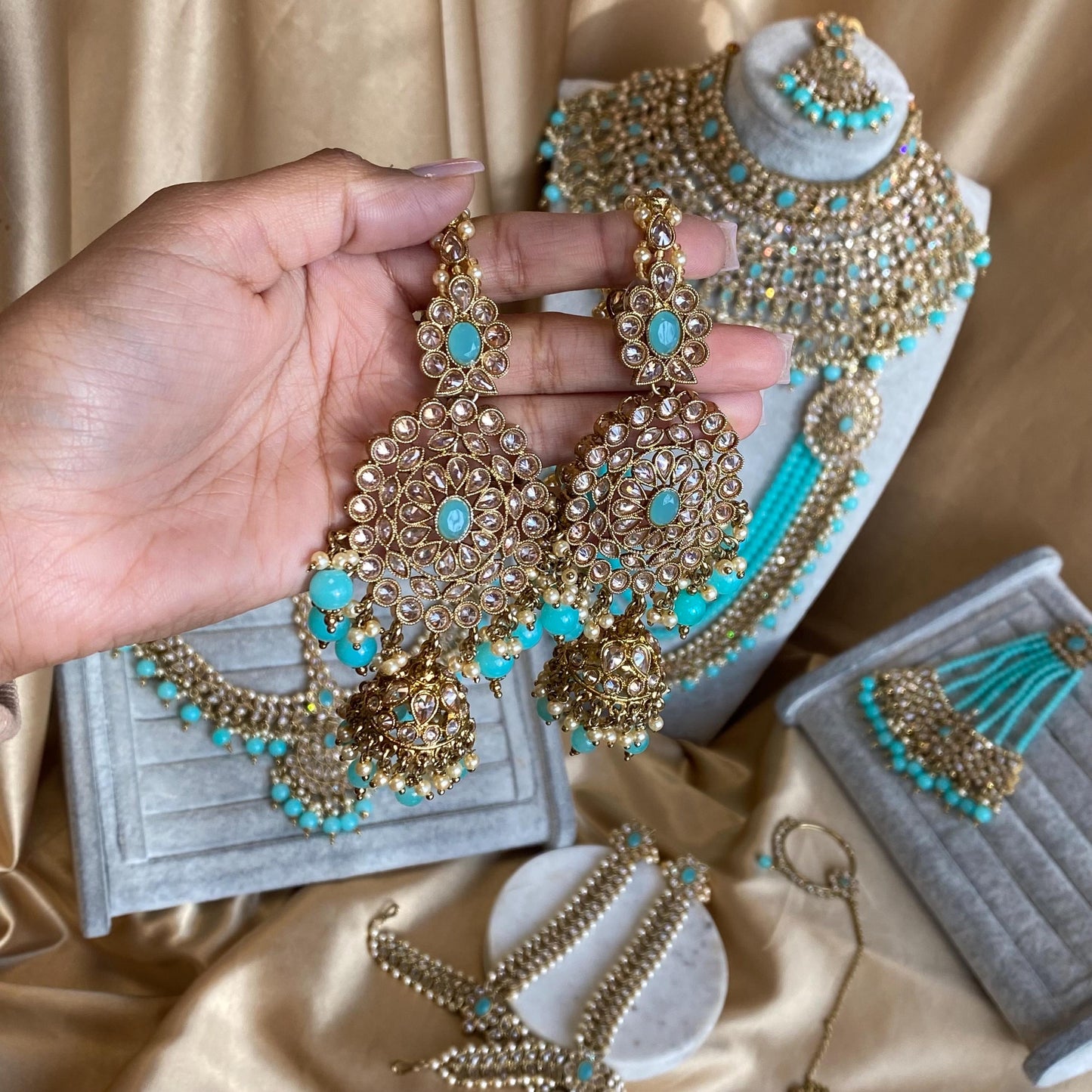 Blue 9Piece Antique Gold Champagne Bridal Large Choker Mala Tikka Earring Mathapatti Jhumar Hand Harness Nose Ring Indian Pakistani Full Set