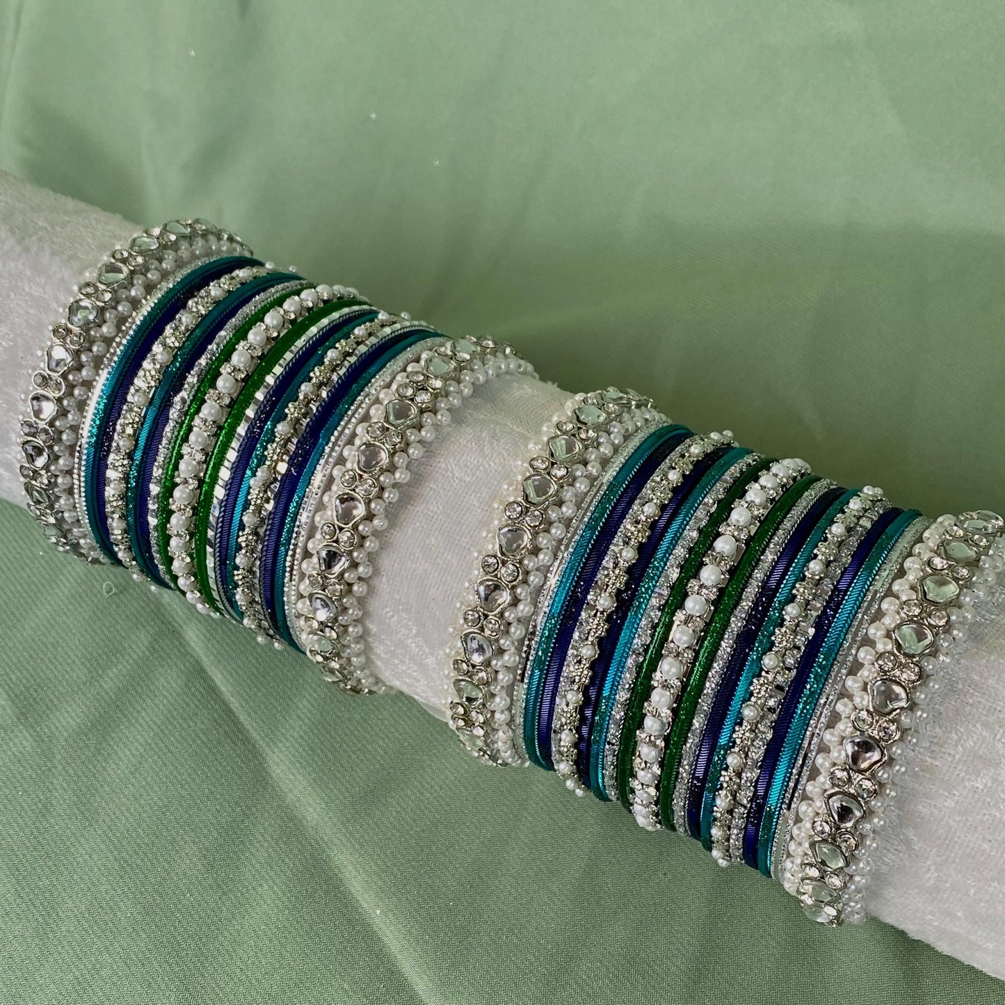 Silver & Blue Faux Kundan Bangle Set/Janvi Kapoor Inspired/Bollywood/Personalise Bangles/Custom Bangles/Matching Bangles/Peacock Bangles