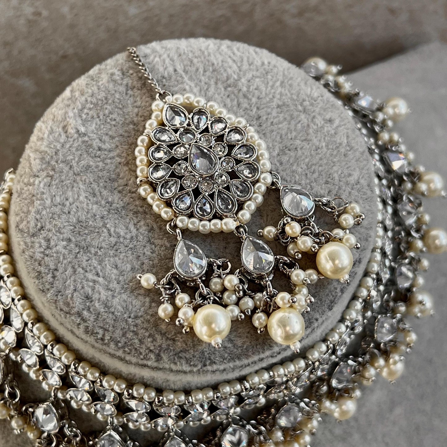 Silver Choker Set Stud Jhumka Earring Tikka Bollywood Indian Pakistani Fashion Jewellery High Quality Silver Zircon Crystal Gift for Women