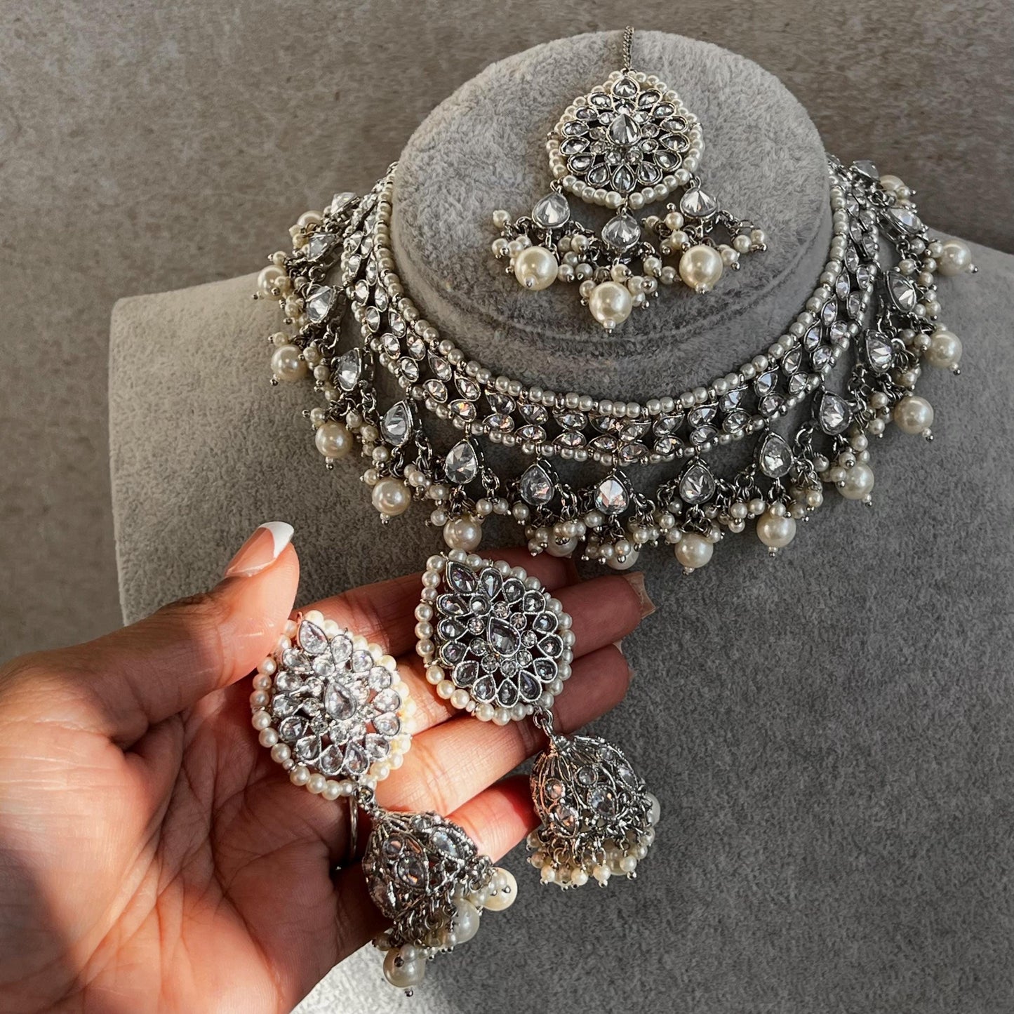 Silver Choker Set Stud Jhumka Earring Tikka Bollywood Indian Pakistani Fashion Jewellery High Quality Silver Zircon Crystal Gift for Women