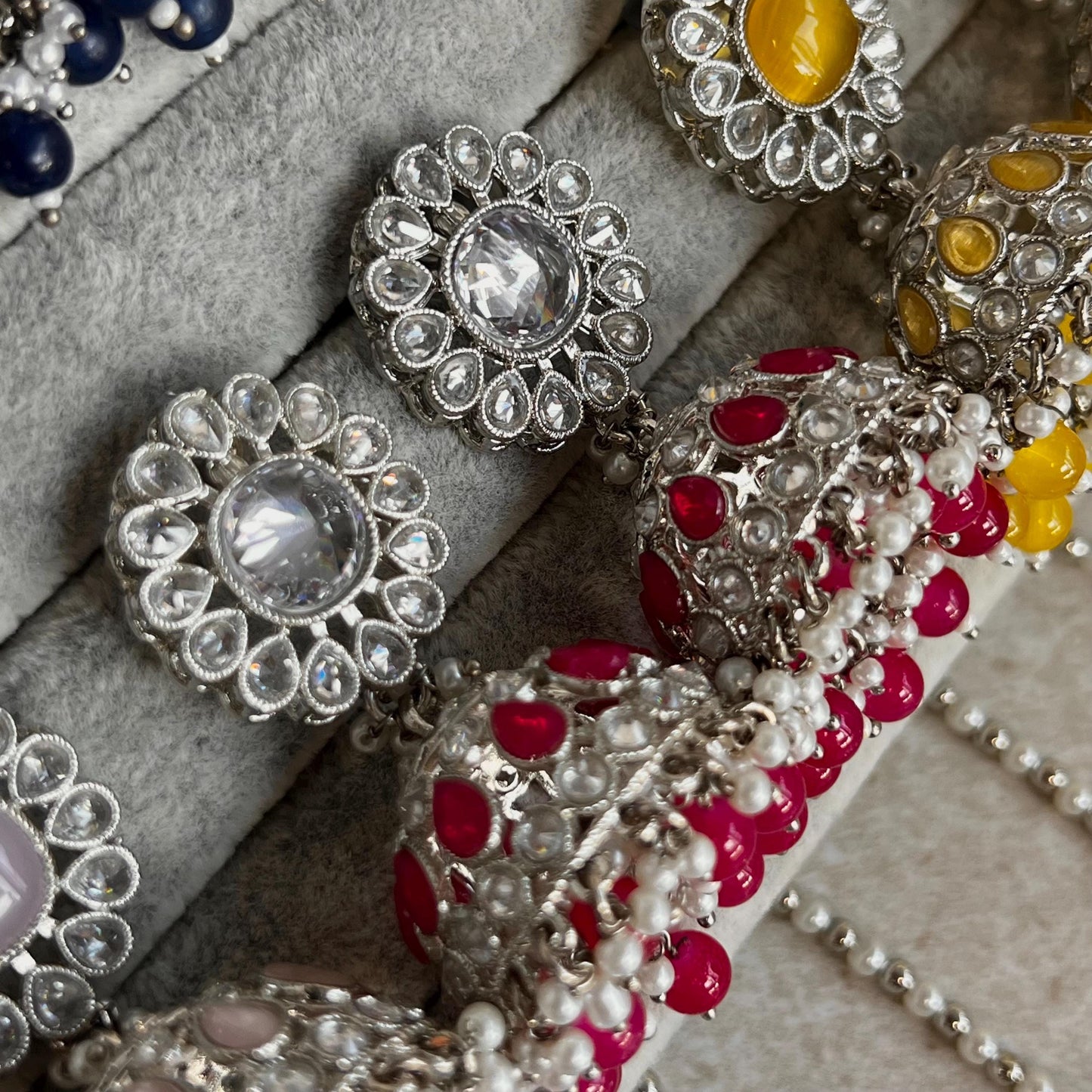 Small Silver Jhumka Earring Tikka 2 inch Zircon Crystal Indian Pakistani Bollywood Fashion Jewellery Gift High Quality Eid Wedding Party Set