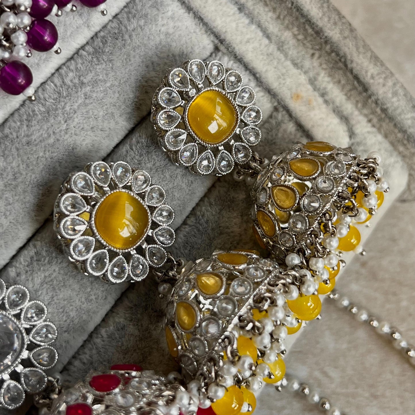 Small Silver Jhumka Earring Tikka 2 inch Zircon Crystal Indian Pakistani Bollywood Fashion Jewellery Gift High Quality Eid Wedding Party Set