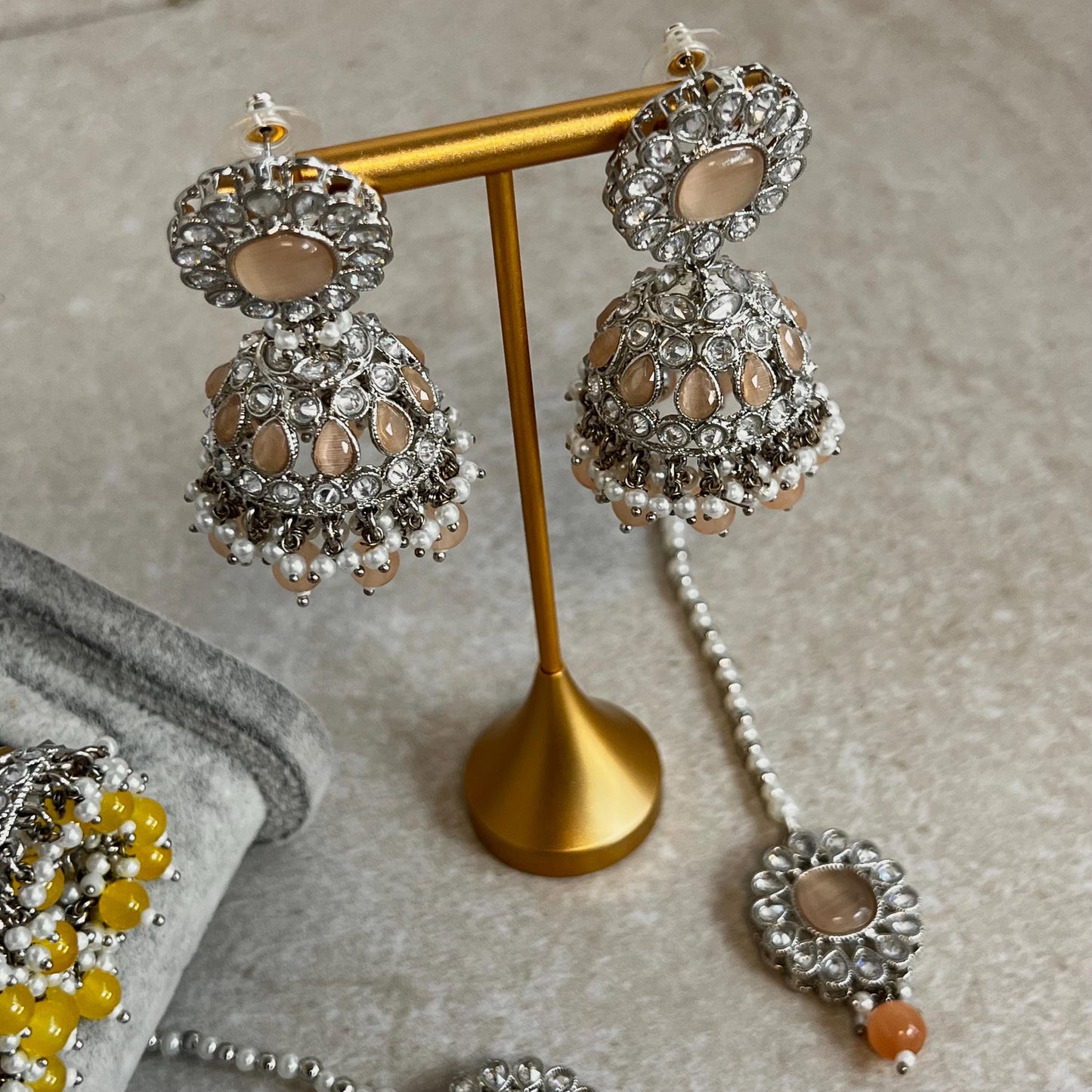 Small Silver Jhumka Earring Tikka 2 inch Zircon Crystal Indian Pakistani Bollywood Fashion Jewellery Gift High Quality Eid Wedding Party Set