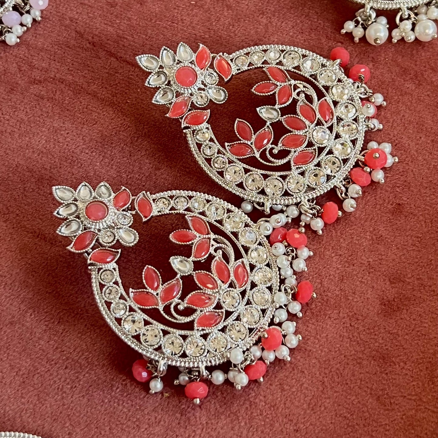 Large Silver Flat Earring 3 inch Rhinestone Indian Pakistani Bollywood Fashion Jewellery Gift High Quality Eid Wedding Party Set