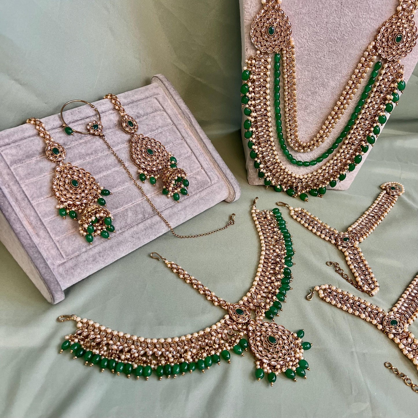 Full Green & Champagne Choker Bridal Set/Indian Jewellery/Bridal Jewellery/Green Bridal Jewellery/Pakistani Green Jewellery/