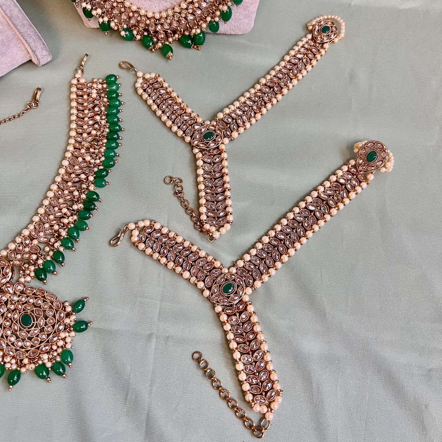 Full Green & Champagne Choker Bridal Set/Indian Jewellery/Bridal Jewellery/Green Bridal Jewellery/Pakistani Green Jewellery/