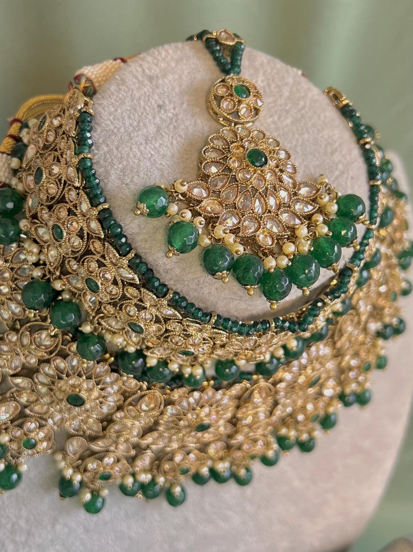 Full Bridal Green & Champagne  Double Necklace set/Green Necklace Set/Green Bridal Set/ Pakistani Style/ Wedding/Necklace set