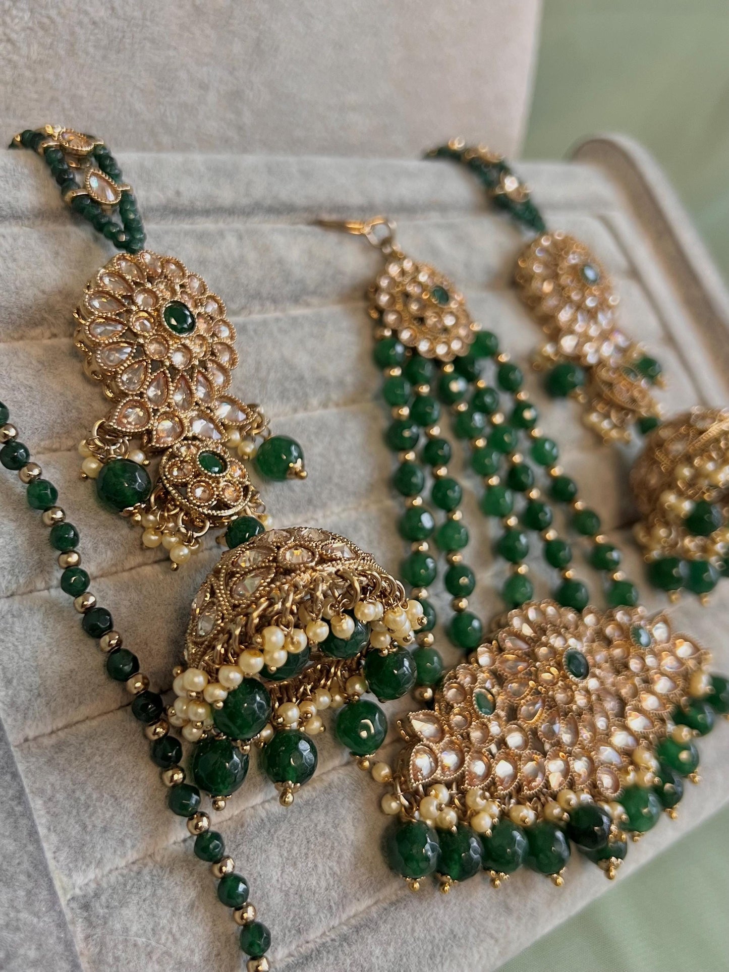 Full Bridal Green & Champagne  Double Necklace set/Green Necklace Set/Green Bridal Set/ Pakistani Style/ Wedding/Necklace set