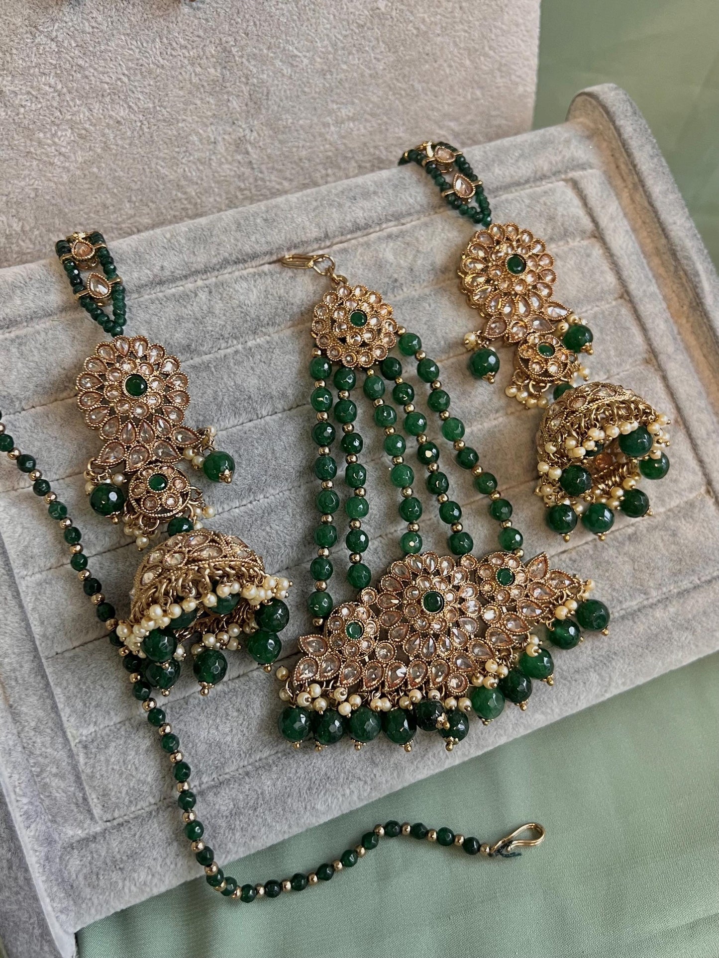 Full Bridal Green & Champagne  Double Necklace set/Green Necklace Set/Green Bridal Set/ Pakistani Style/ Wedding/Necklace set