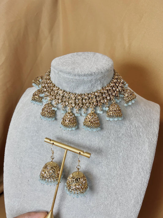 Antique Gold & Light Blue Indian Jhumka Style Set