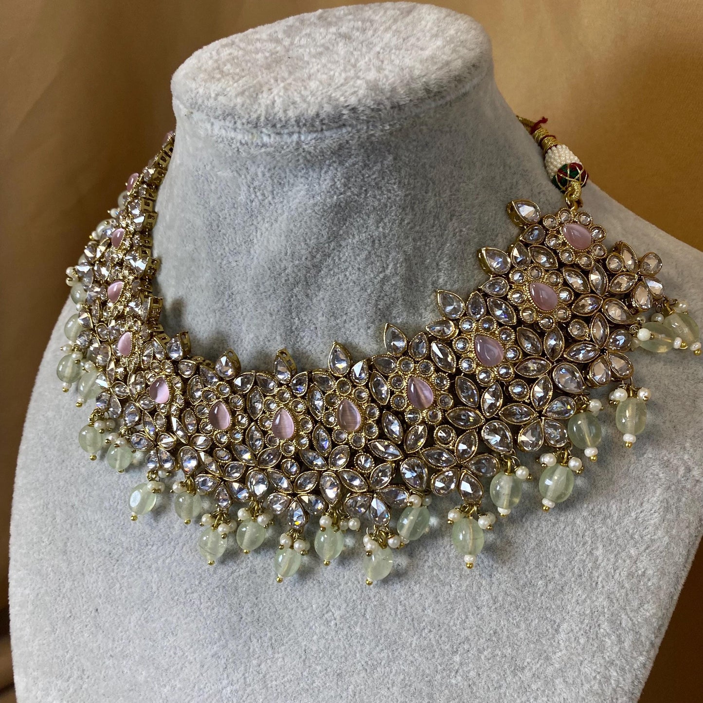 Pink & Mint Indian Bridal Set Clear Stonework/ Pink Bridal Jewels/Mint Bridal Set/Clear Bridal Set