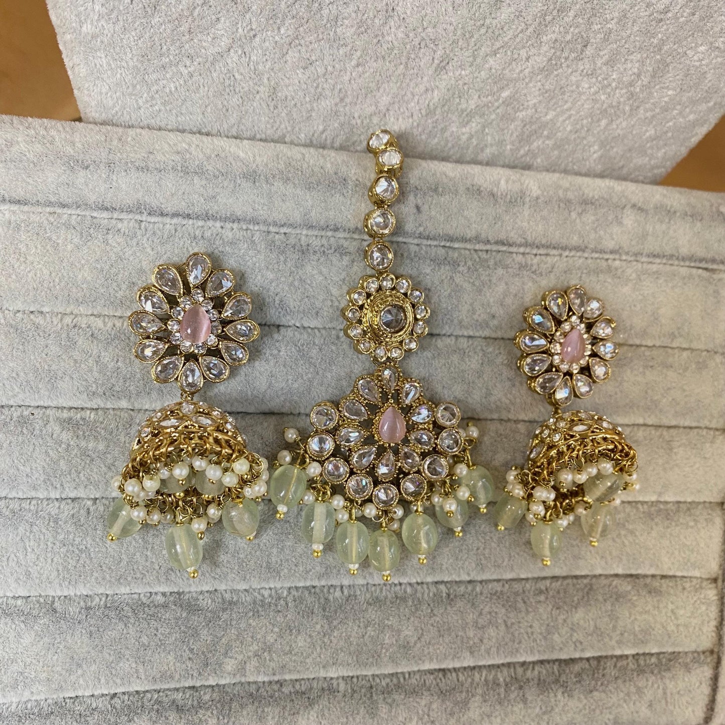 Pink & Mint Indian Bridal Set Clear Stonework/ Pink Bridal Jewels/Mint Bridal Set/Clear Bridal Set