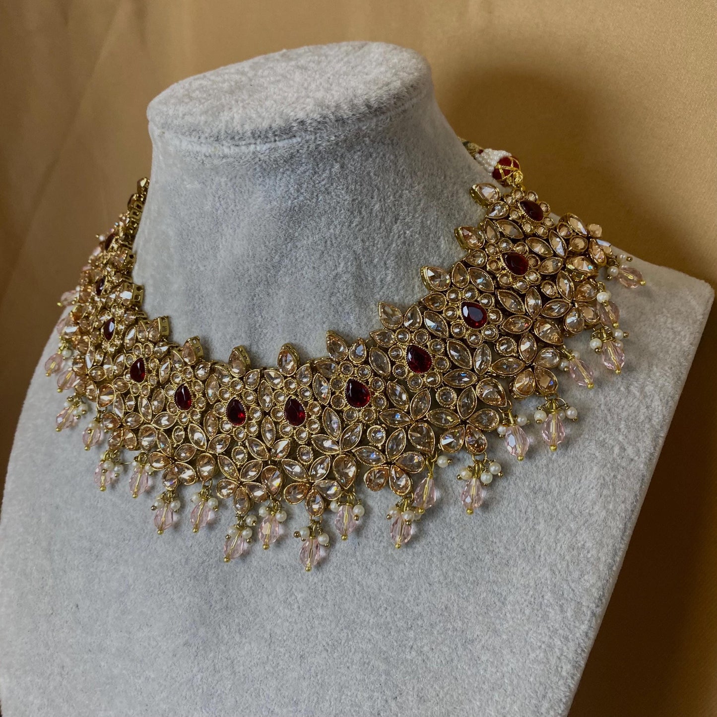 Maroon Bridal Choker Necklace set with Earring, Tikka and Jhumar Indian/ Pakistani Style/ Wedding/ Antique Gold/ Champagne Crystals