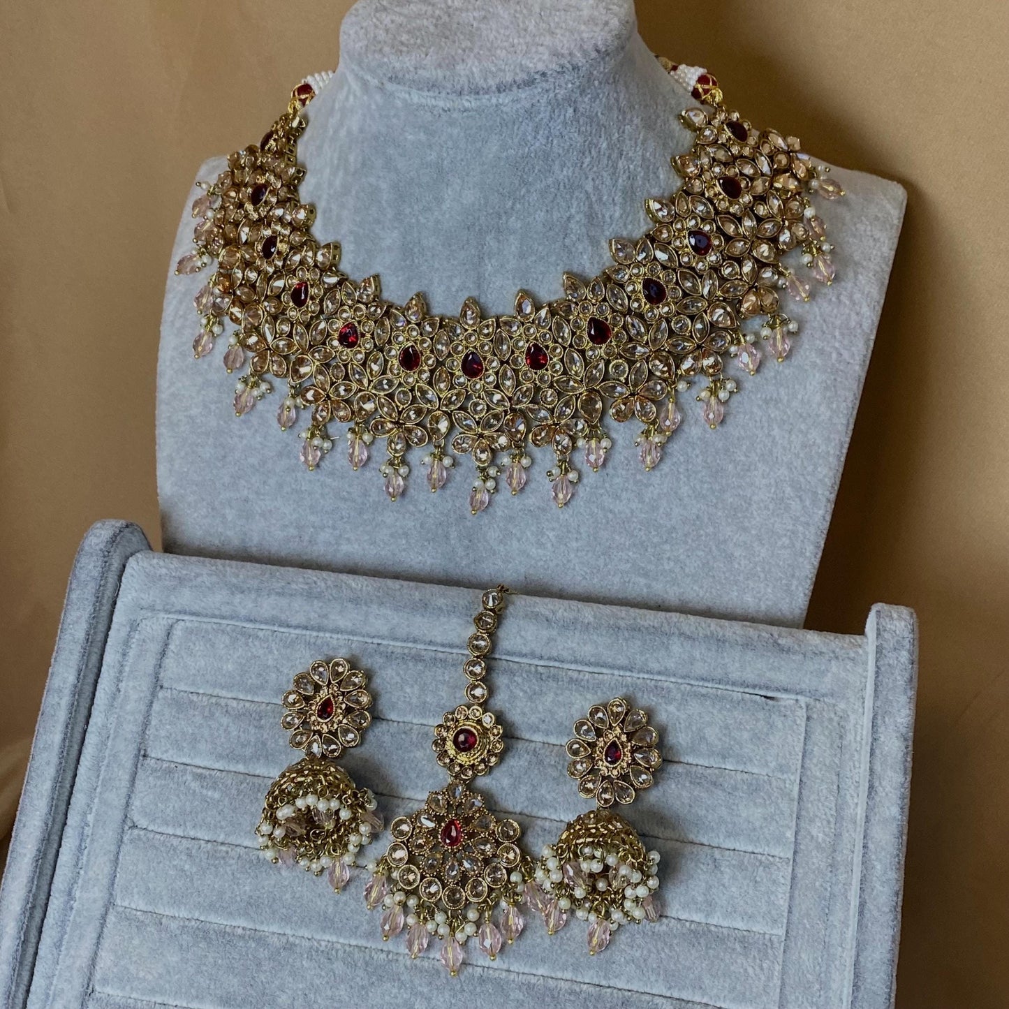 Maroon Bridal Choker Necklace set with Earring, Tikka and Jhumar Indian/ Pakistani Style/ Wedding/ Antique Gold/ Champagne Crystals
