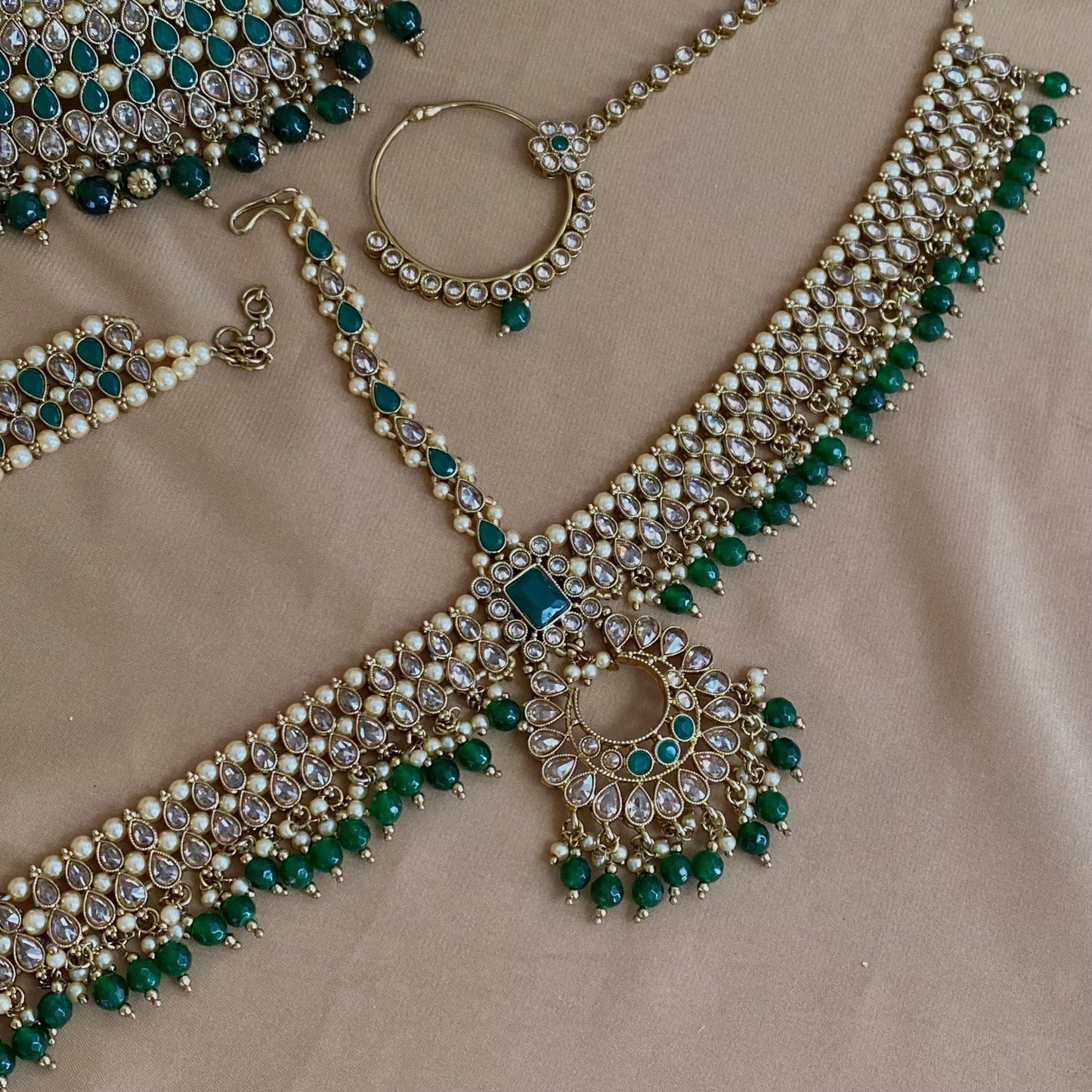 Green Choker Necklace Bridal Set ,Antique gold with Champagne Crystals- Indian/ Pakistani Style/Bridal set/Wedding/Jhumka Earring Tikka