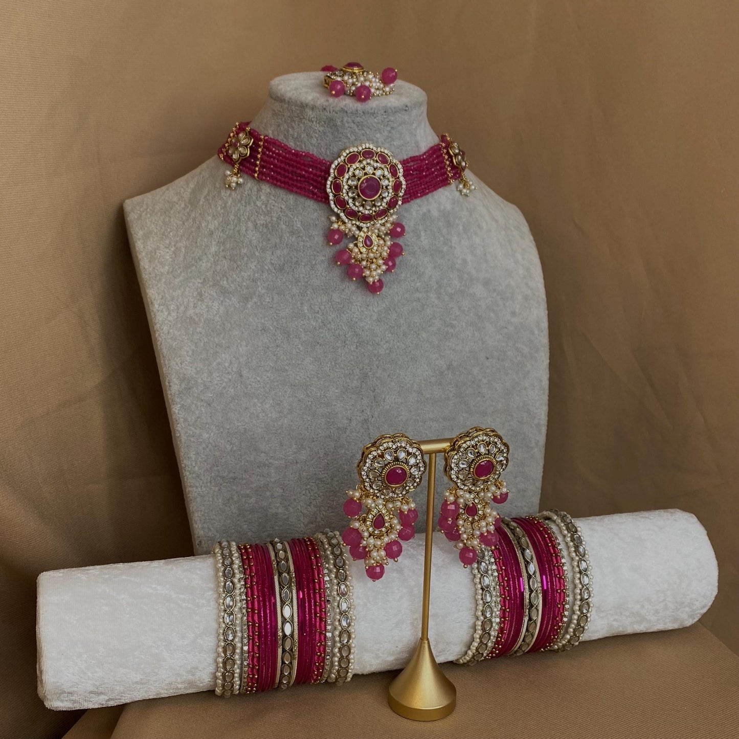 Hot Pink Choker Set Matching Bangle Set Both Arms/Pink Choker Set/Hot Pink Bangle Set Indian/ Pakistani/Fashion Jewellery