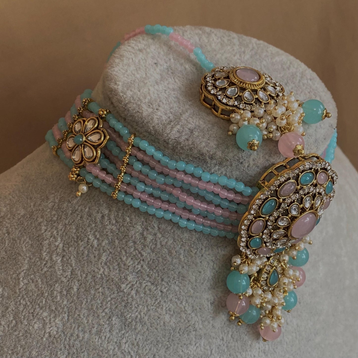 Faux Kundan Pastel Pearl Choker set Earring/ Tikka/ Tikli/ Indian/ Pakistani/Fashion Jewellery/ Gift for Women/