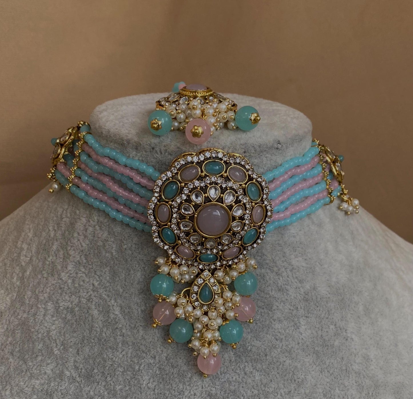 Faux Kundan Pastel Pearl Choker set Earring/ Tikka/ Tikli/ Indian/ Pakistani/Fashion Jewellery/ Gift for Women/