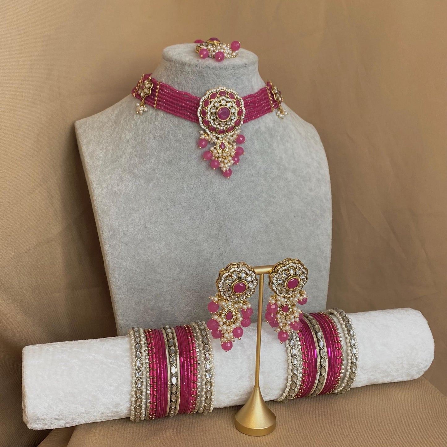Hot Pink Choker Set Matching Bangle Set Both Arms/Pink Choker Set/Hot Pink Bangle Set Indian/ Pakistani/Fashion Jewellery
