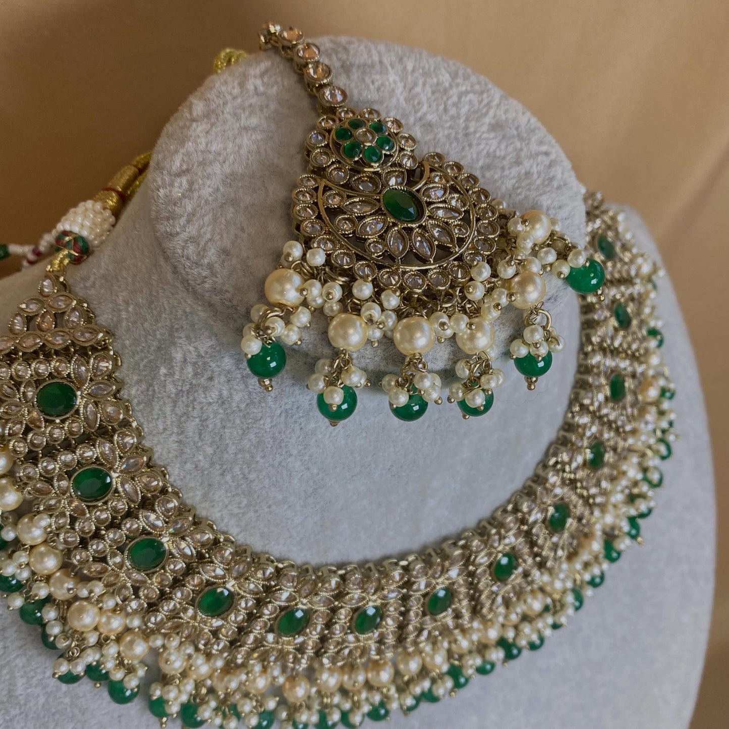 Green & Champagne Necklace/Tikka/ Unique Style/ Indian/ Pakistani/Fashion Jewellery/ Gift for Women