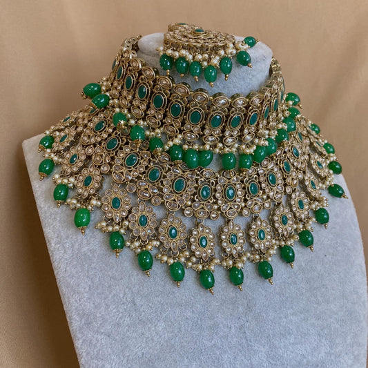 Green Bridal Choker Necklace Bridal Set/Green Jhumar/Green Jhumka Earrings/Pakistani Style/Bridal set/Wedding/Green Bridal Jewellery