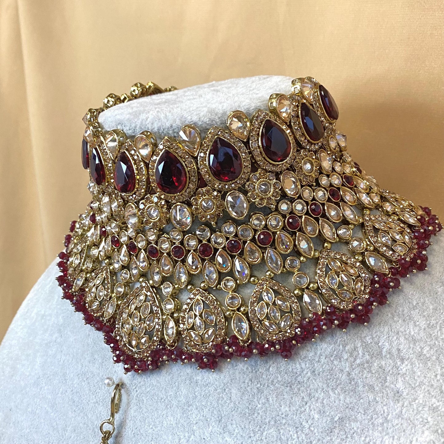 Maroon Bridal Choker Necklace set with Earring, Tikka and Jhumar Indian/ Pakistani Style/ Wedding/ Antique Gold/ Champagne Crystals
