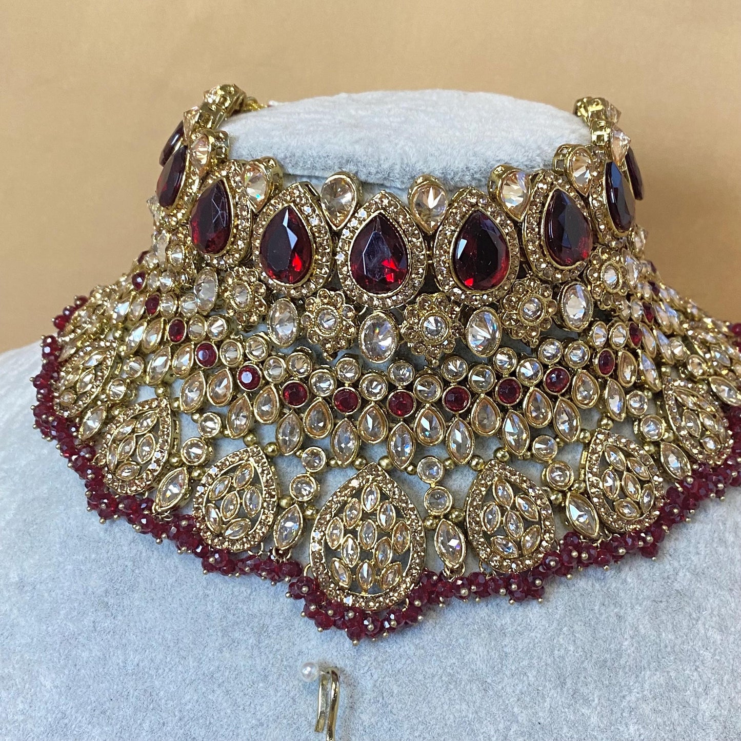 Maroon Bridal Choker Necklace set with Earring, Tikka and Jhumar Indian/ Pakistani Style/ Wedding/ Antique Gold/ Champagne Crystals