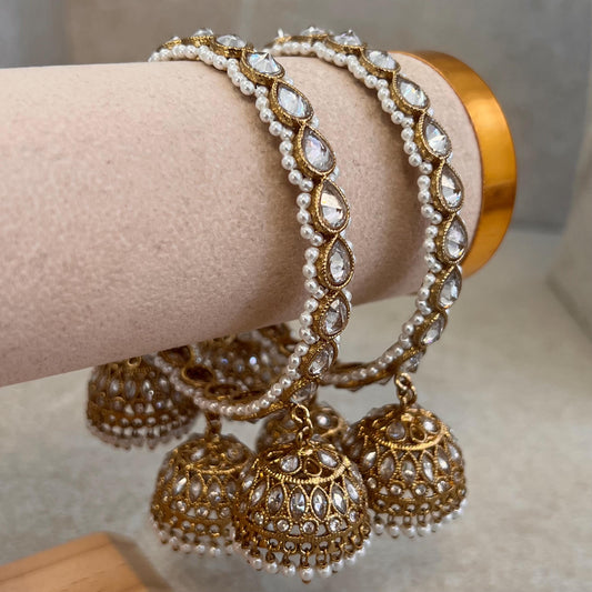 Antique Gold with Clear Zircon Crystals Pearl 3 Jhumka Bangle 1inch  X 2 bangles /Indian/ Pakistani Jewelley Fashion Bracelet Bride 2.8 Size