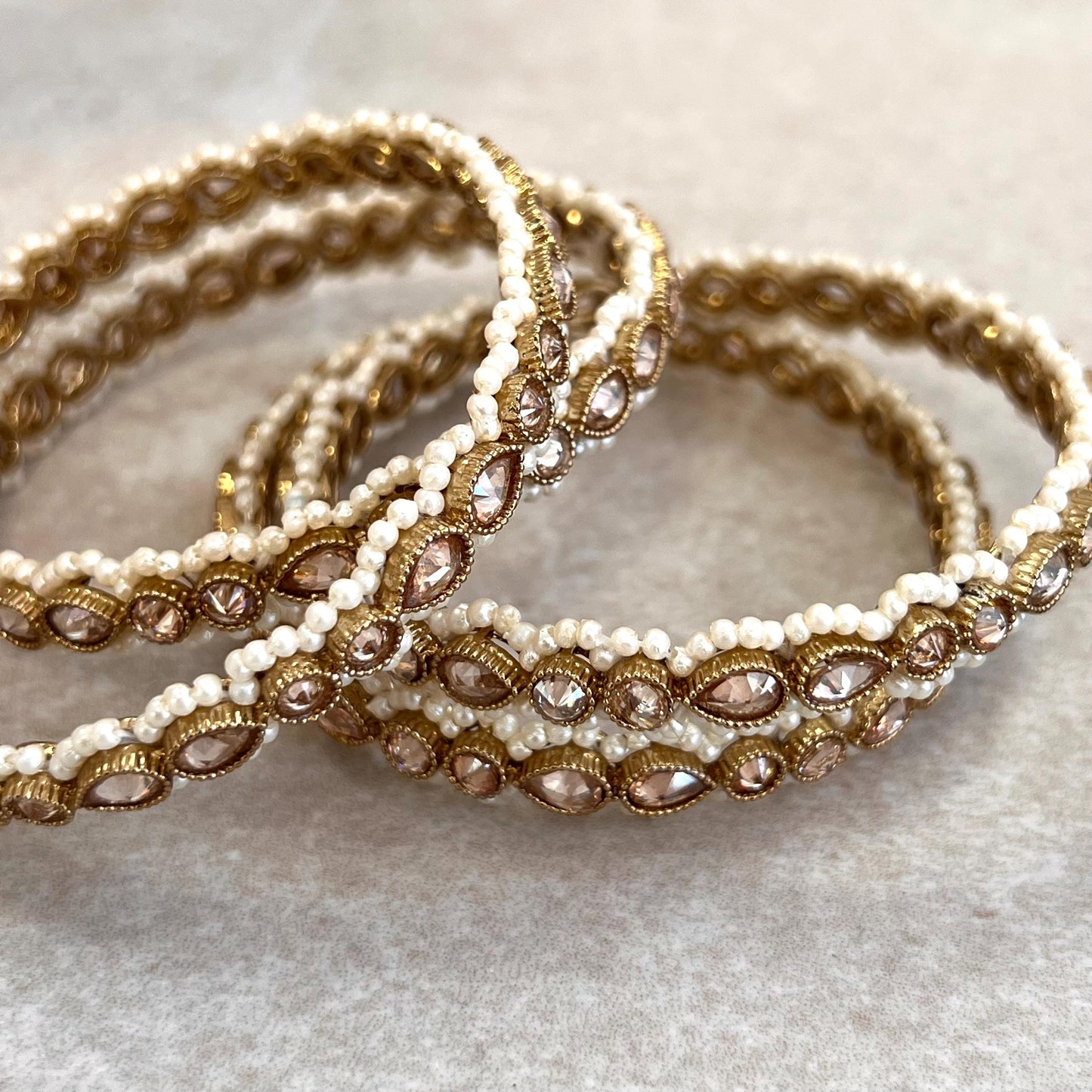 Set of 4 Antique Gold Champagne Zircon Pearl Kada Bangles End Bangles Indian Pakistani Jewelley Fashion High Quality Gift 2.8 Size