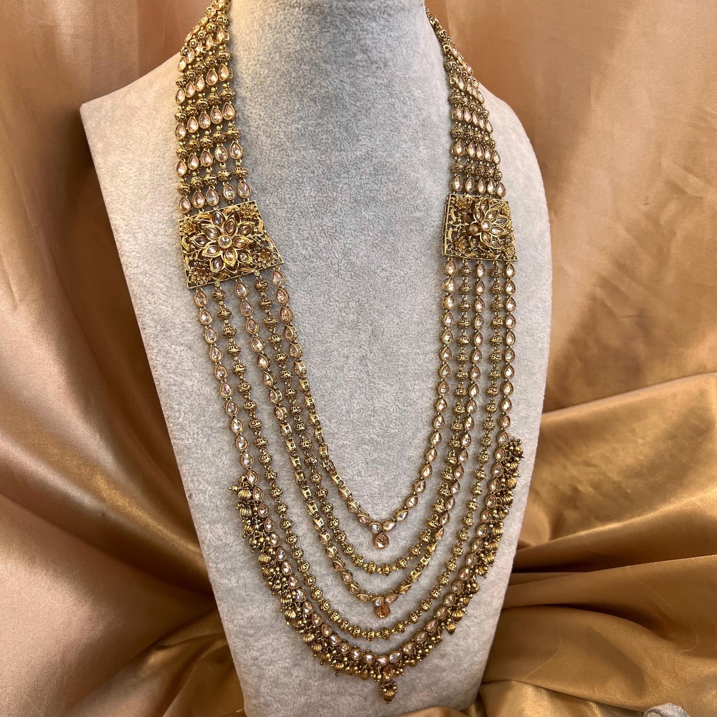 Gold 5Piece Antique Gold Champagne Zircon Bridal Choker Mala Necklace Chain Jhumka Earring Mathapatti NoseRing High Quality Indian Pakistani