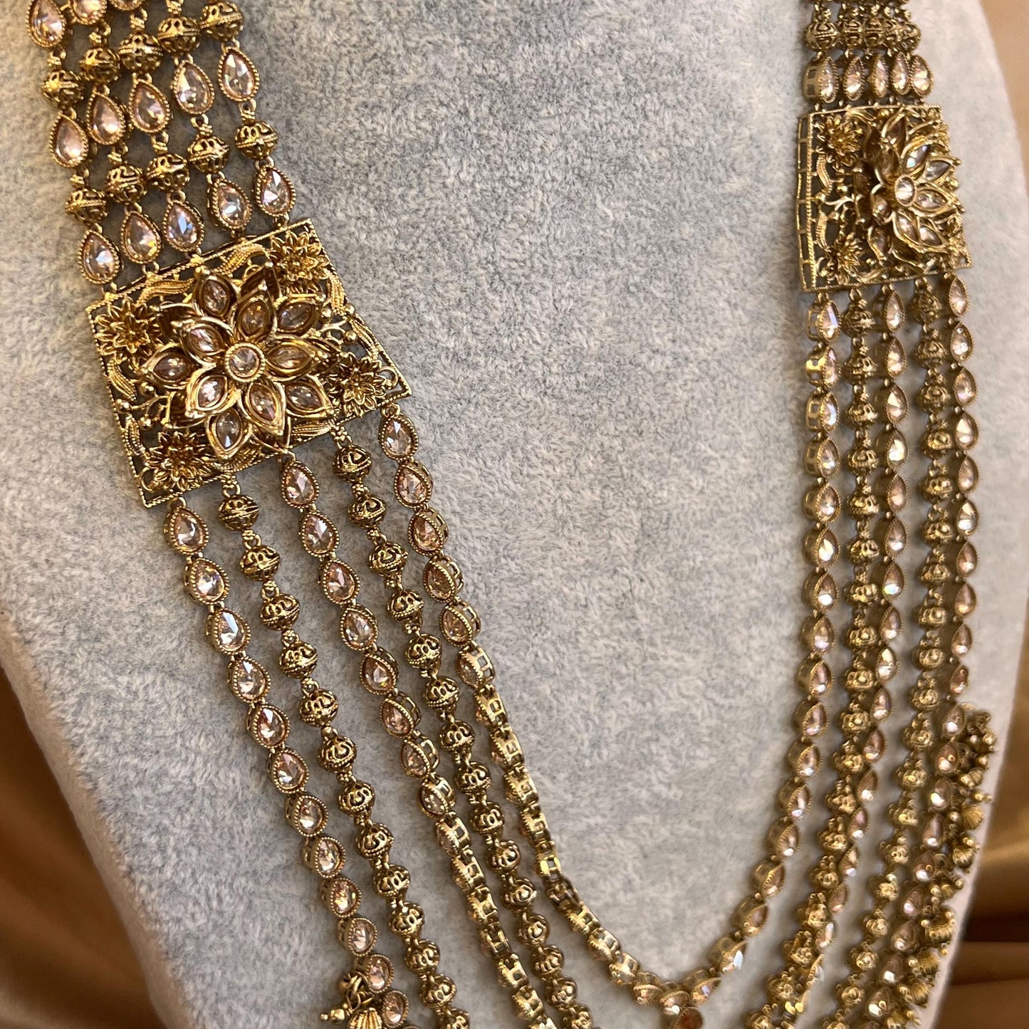 Gold 5Piece Antique Gold Champagne Zircon Bridal Choker Mala Necklace Chain Jhumka Earring Mathapatti NoseRing High Quality Indian Pakistani